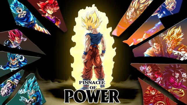 An artwork of Goku surrounded by a yellow aura shows off images of the different forms that he, Vegeta, and Gohan have.