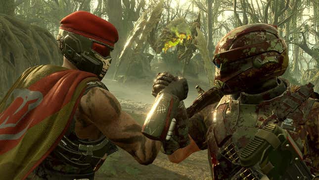 A screenshot of two Helldivers 2 players clasping hands in a jungle environment. They are in jungle-themed gear and a giant bug can be seen in the background coming for them.