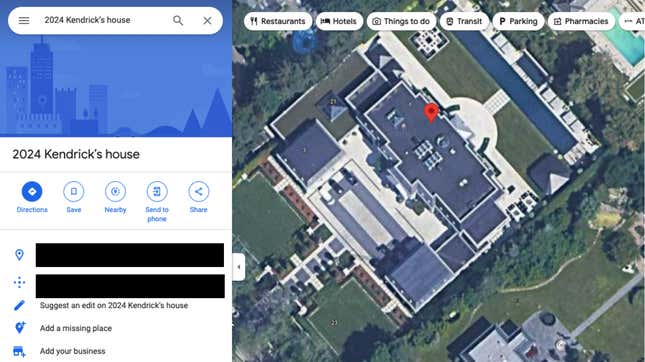 Image for article titled Fans Rename Drake’s Mansion 'Kendrick’s House' on Google Maps