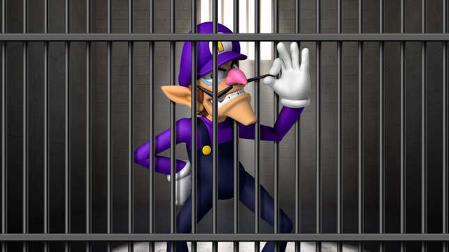Nintendo villain Waluigi twirls his mustache while behind prison bars.