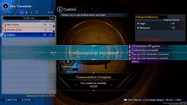 A screenshot shows the item crafting menu in Final Fantasy VII Rebirth.