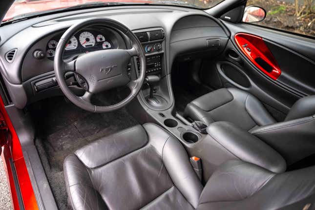 Interior of a red Saleen Ford Mustang