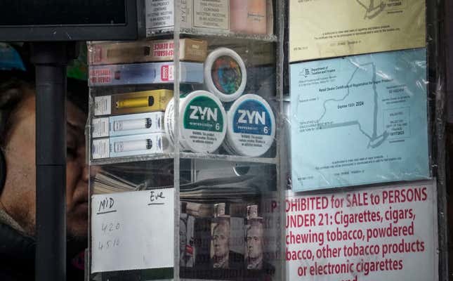 Containers of Zyn, a Phillip Morris smokeless nicotine pouch, are stacked for sale at a newsstand Friday, Feb. 23, 2024, in New York. It has stoked debate among politicians, parents and pundits that reflects an increasingly complex landscape in which Big Tobacco companies are aggressively pushing alternative products while experts are divided about their potential benefits and risks. (AP Photo/Bebeto Matthews)