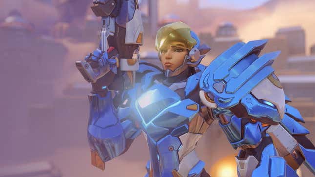 Pharah holding her rocket launcher and pining for Mercy.