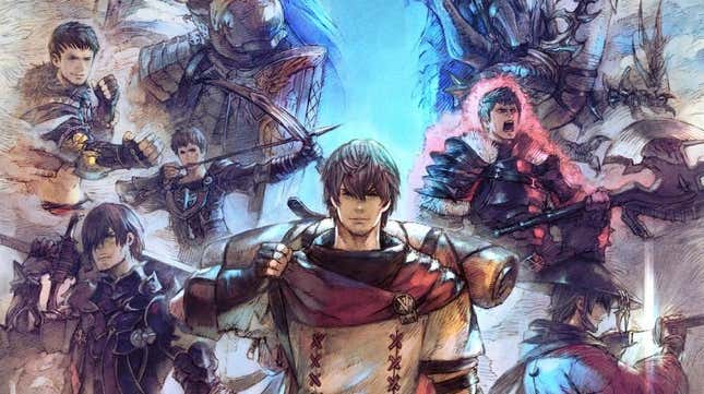 Art shows FFXIV characters in various positions. 