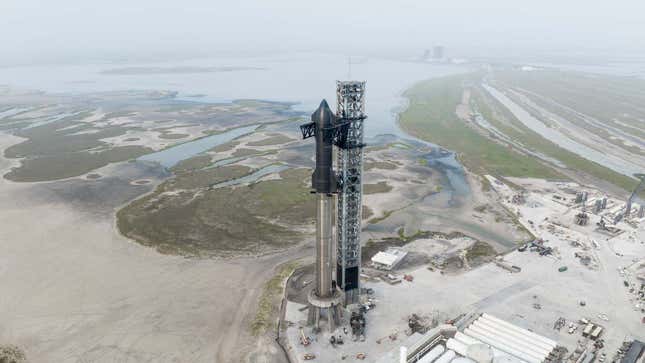 The Starship and its Super Heavy booster on the launch pad in Boca Chica, Texas. 