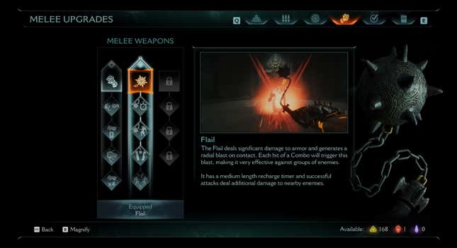 A screenshot shows the melee upgrade options.
