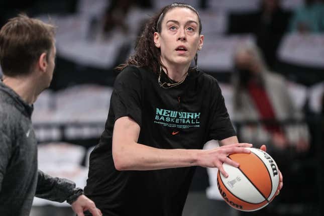 Oct 15, 2023; Brooklyn, New York, USA; New York Liberty forward Breanna Stewart (30) warms up prior to game three of the 2023 WNBA Finals against the Las Vegas Aces at Barclays Center.