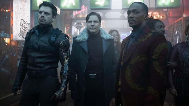 Sebastian Stan, Daniel Bruhl, and Anthony Mackie as Bucky Barnes, Helmut Zemo, and Sam Wilson, respectively, in Marvel's The Falcon and the Winter Soldier.