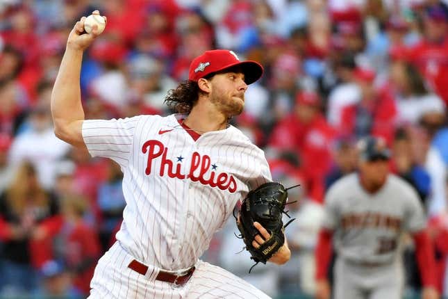 Oct 23, 2023; Philadelphia, Pennsylvania, USA; Philadelphia Phillies starting pitcher Aaron Nola (27) pitches during the first inning against the Arizona Diamondbacks in game six of the NLCS for the 2023 MLB playoffs at Citizens Bank Park.