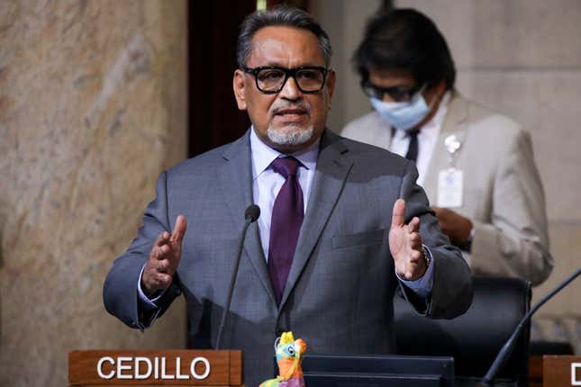 Council member Gil Cedillo speaks in support of the motion for the appointment of Heather Hutt as an interim council member for the 10th District. Motion failed to receive the 10 votes required for a public hearing at City Hall on Tuesday, Aug. 30, 2022 in Los Angeles, CA.
