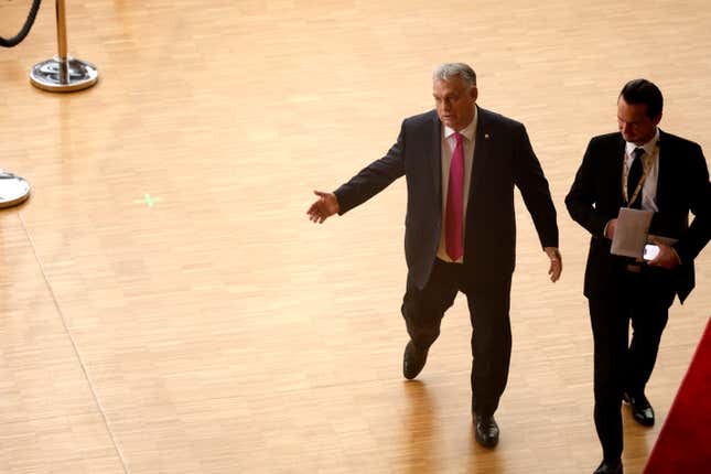 Hungary&#39;s Prime Minister Viktor Orban speaks with the media as he arrives for an EU summit in Brussels, Thursday, Oct. 26, 2023. European Union leaders gather Thursday for a two day meeting to discuss, among other issues, Ukraine and the impact of the war between Israel and Hamas. (AP Photo/Omar Havana)