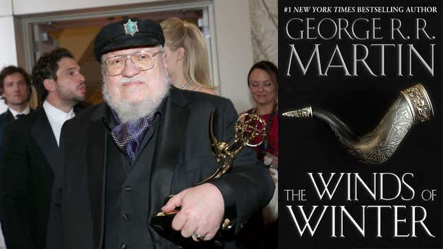 George R.R. Martin holding an Emmy, and an image of The Winds of Winter book cover.