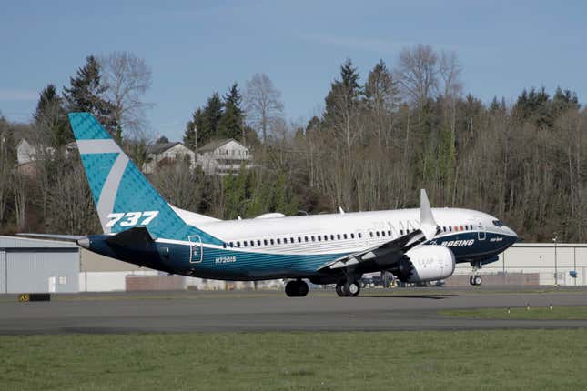 FILE - A Boeing 737 MAX 7 takes off on its first flight on March 16, 2018, in Renton, Wash. Facing severe criticism after a door plug blew out on a 737 Max over Oregon this month, Boeing said Monday, Jan. 29, 2024, that it is withdrawing a request for a safety exemption needed to certify the new model of the plane. (AP Photo/Jason Redmond, File)