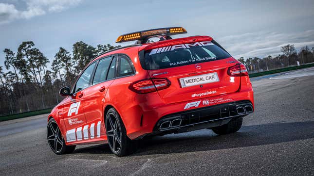 The F1 medical car is a red Mercedes-AMG C 63 S Estate