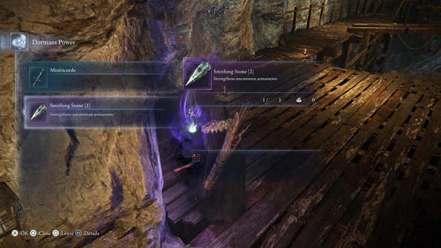 The player character picks up a purple smithing stone.