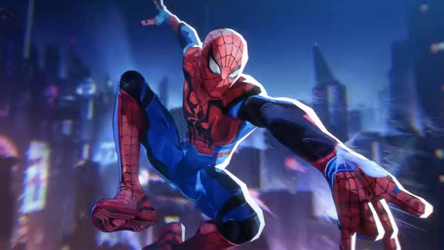 Spider-Man swings through a city and shoots a web from his arm.