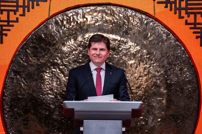 Hong Kong Stock Exchanges Chief Executive Officer Nicolas Aguzin speaks during a ceremony to mark the first trading day of the Year of the Dragon at the Hong Kong Exchanges (HKEX) in Hong Kong, Wednesday, Feb. 14, 2024. (AP Photo/Louise Delmotte)