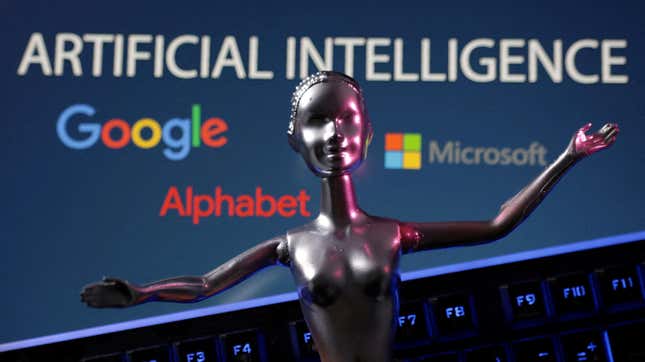     Nesta ilustração tirada em 4 de maio de 2023, são vistos os logotipos do Google, Microsoft e Alphabet e as palavras Inteligência Artificial AI.
