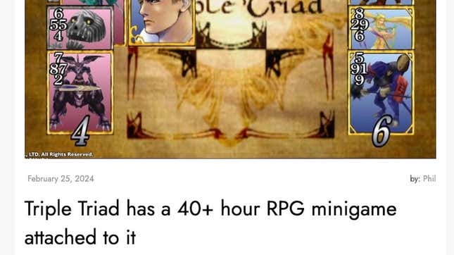 A website page for article titled "Triple Triad has a 40+ hour RPG minigame attached to it