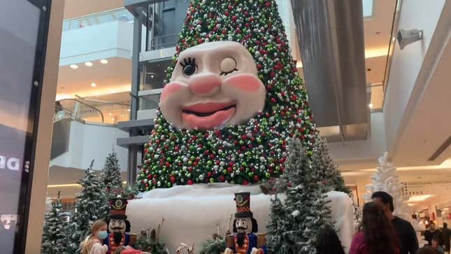 Woody, a giant, talking mall Christmas tree, has returned
