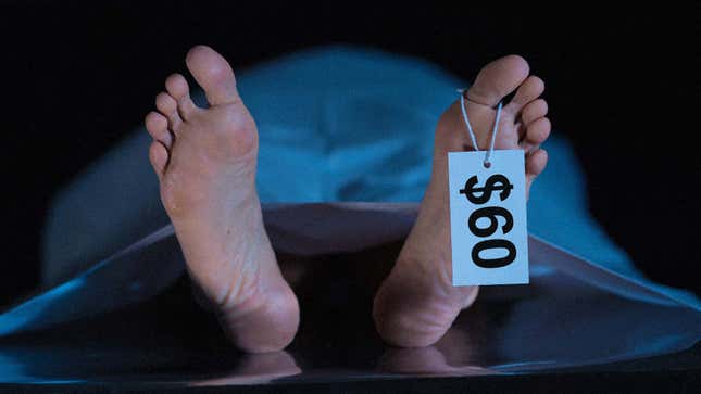 An image shows a dead body with a toe tag marked $60. 