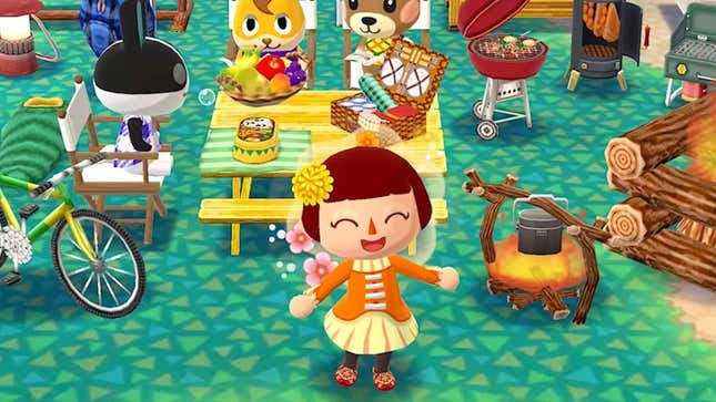 An Animal Crossing character, very happy at a picnic.