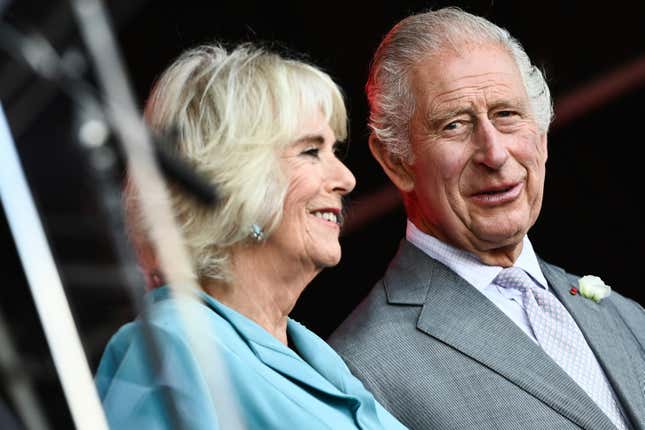 King Charles III and Queen Camilla attend celebrations of British and French culture and business at Place de la Bourse in Bordeaux, southwestern France, Friday Sept. 22, 2023. Britain&#39;s King Charles III traveled to Bordeaux on the third day of his state visit to France to focus on climate and the environment. (Christophe Archambault, Pool via AP)