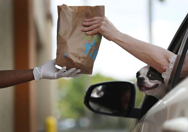 Ein Hund schaut hervor, als ein Taco-Bell-Mitarbeiter einem Kunden am Drive-in-Schalter des Restaurants in Hollywood, Florida, eine Bestellung übergibt.