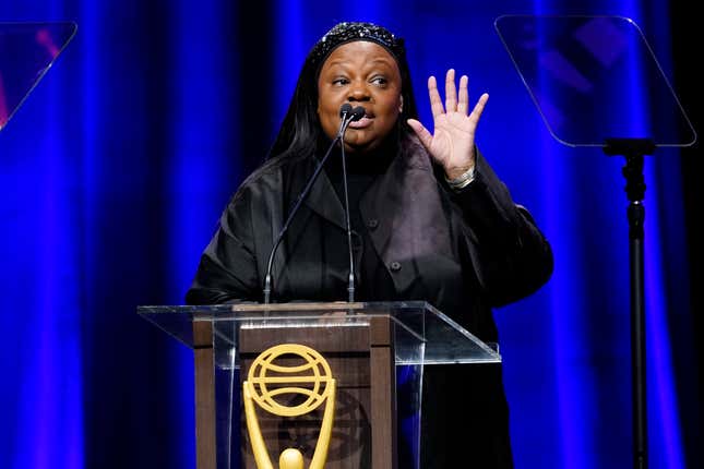 Pat McGrath, 2022 Honorary Clio Award winner, speaks during the 62nd Annual Clio Awards Ceremony at the Ziegfeld Ballroom on Thursday, April 28, 2022 in New York.