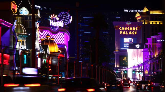 Motorists drive along the Las Vegas Strip, now featuring catch fencing and track lighting infrastructure, prior to the F1 Grand Prix of Las Vegas on November 08, 2023 in Las Vegas, Nevada