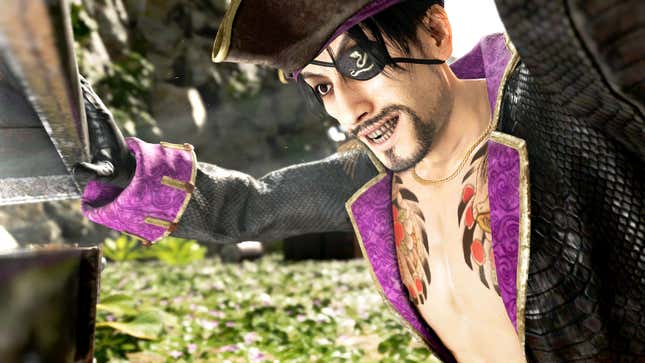 Goro Mijima opens a treasure chest in Like a Dragon: Pirate Yakuza in Hawaii.