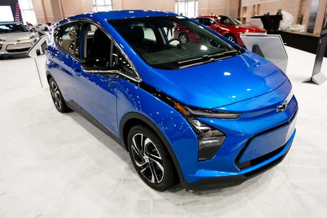 File - A Chevrolet Bolt is displayed at the Philadelphia Auto Show, Jan. 27, 2023, in Philadelphia. Electric vehicles are far less reliable than gasoline-powered cars, trucks and SUVs, mainly because most automakers are still learning how to build a completely new power system, according to this year&#39;s auto reliability survey by Consumer Reports.(AP Photo/Matt Rourke, File)