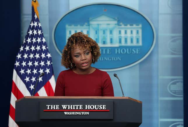 WASHINGTON, DC - MARCH 12: White House Press Secretary Karine Jean-Pierre speaks at a press briefing at the White House on March 12, 2024 in Washington, DC. 