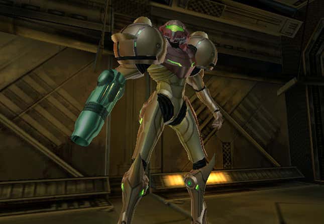 Samus stands in her armor.