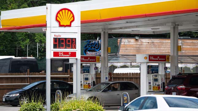 Drivers fuel up at a Shell station in Falls Church, Virginia on July 19, 2022.