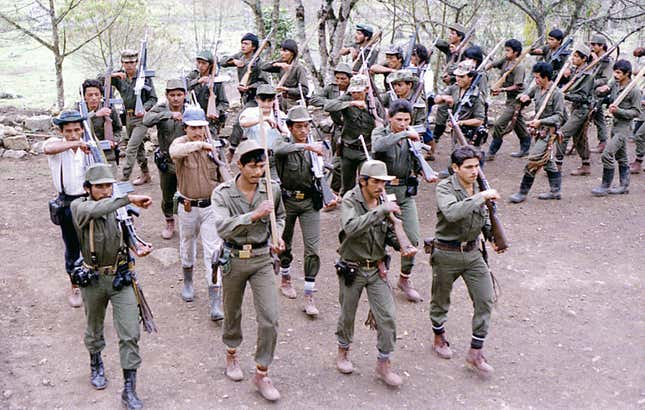 FARC guerrillas train at a camp somewhere in the Colombian mountains in the 1980s.