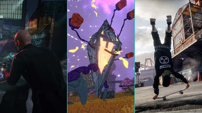 Agent 47, a strange monolith, and a skateboarder doing a handstand on a board are arranged in an image.