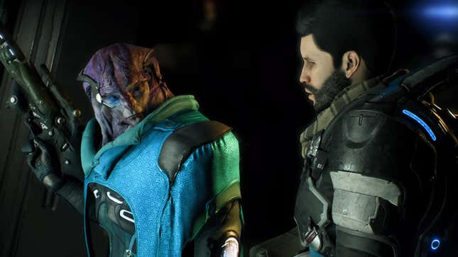 Jaal and Ryder are seen talking, with the former holding an angaran rifle.