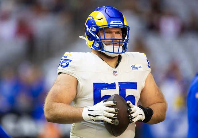 Nov 26, 2023; Glendale, Arizona, USA; Los Angeles Rams center Brian Allen (55) against the Arizona Cardinals at State Farm Stadium.