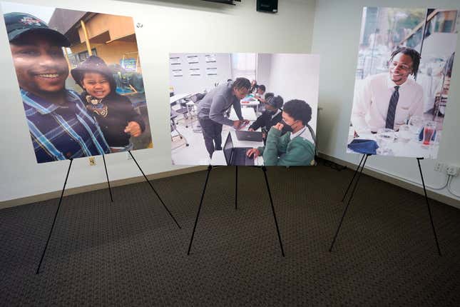 Pictures of Keenan Anderson, who was tasered multiple times during a struggle with Los Angeles police officers and died at a hospital, are displayed at news conference held by his family’s attorney Jan. 20, 2023, in Los Angeles. 