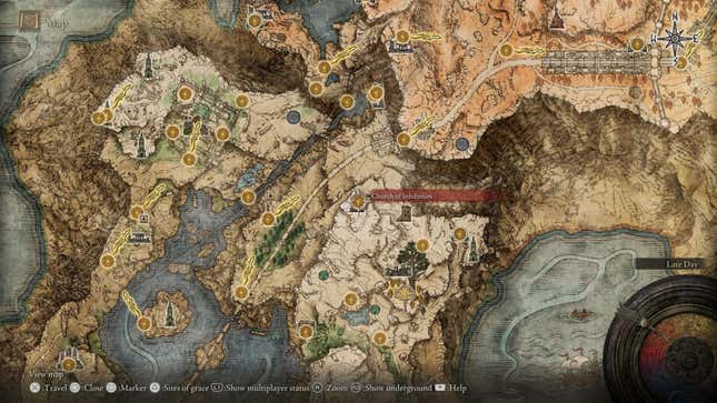 An Elden Ring map screen highlights the Church of Inhibition's location.