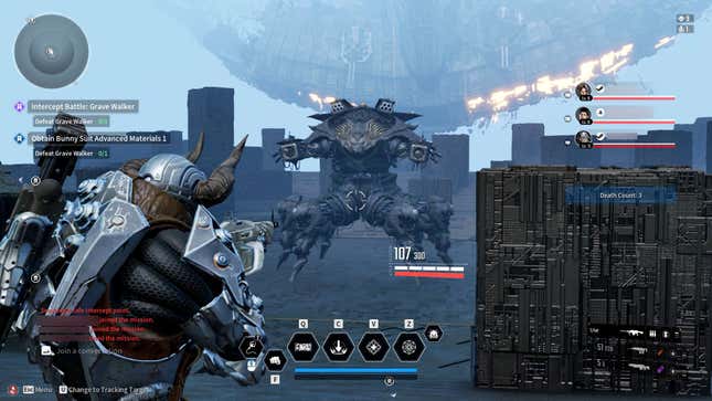 A player character shoots at a large robot monster.