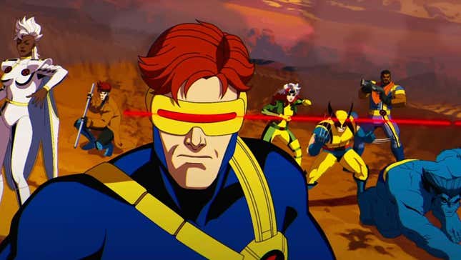 The x-men stand in a line with Cyclops at the center