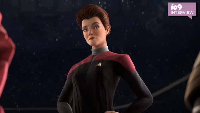 The animated, holographic Captain Janeway addresses her unlikely new crew in Star Trek: Prodigy.