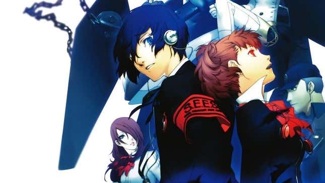 The cast of Persona 3 stands against a white background.