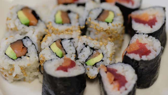 A photo of a plate of sushi. 