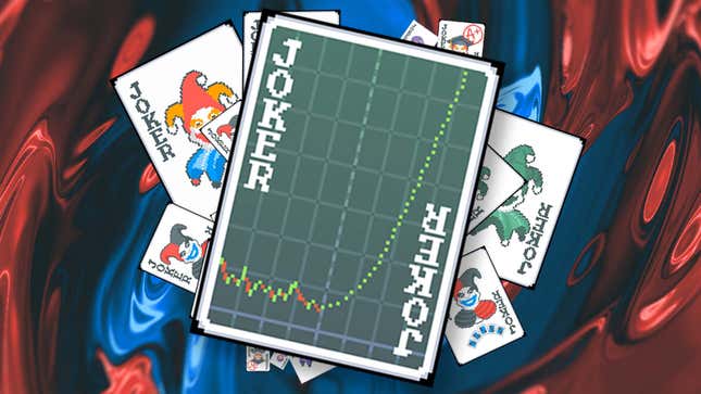 An image shows a pixel art card with a graph and a line going up in front of jokers. 