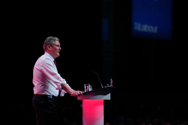 Britain&#39;s opposition Labour Party leader Keir Starmer delivers his keynote speech at the Labour Party conference in Liverpool, England, Tuesday, Oct. 10, 2023.(AP Photo/Jon Super)