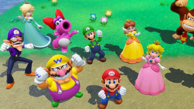 Mario and his chums, looking rather excited on a grassy background.